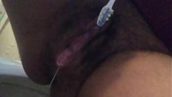 Massage gapping clit with toothbrush